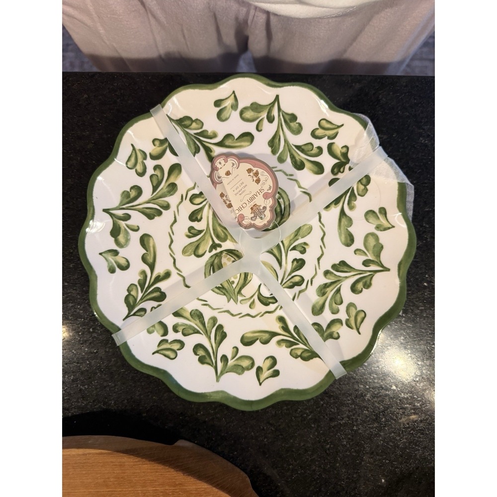 Set 4 9" Melamine Salad Plates Green‎ Scallop Botanical Cottage Shabby Chic NEW